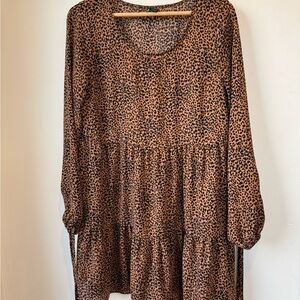 wild fable Brown Leopard Print Long Sleeve Tiered Dress